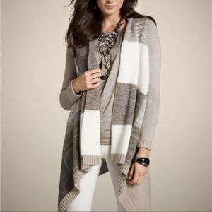 Chico’s Pippa Patchwork Long Cardigan Sweater Jacket 2 / 12 / L Taupe Gray Ivory